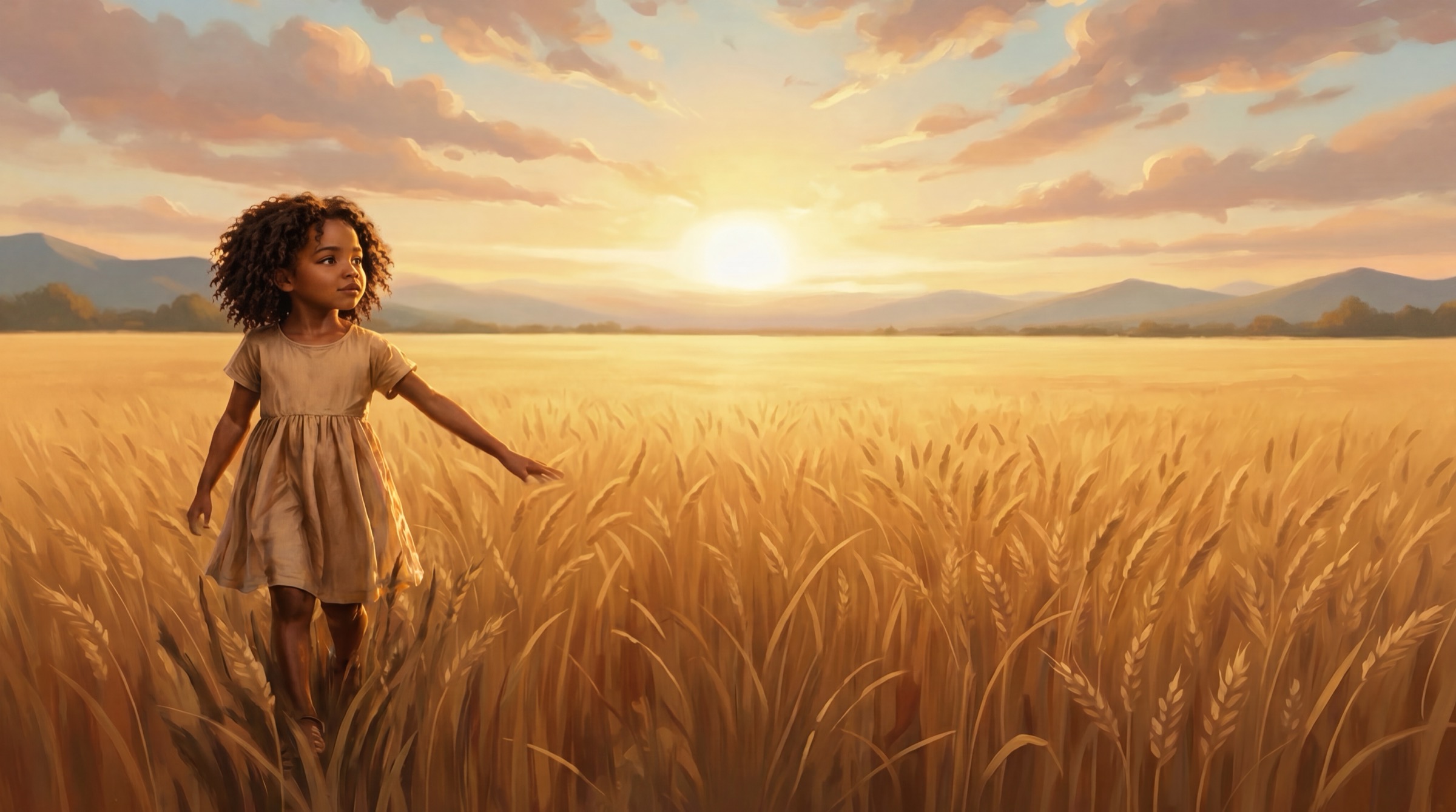 Painted spread of a young Black girl walking through a golden wheat field at sunrise, distant mountains glowing — the journey of freedom carried forward.